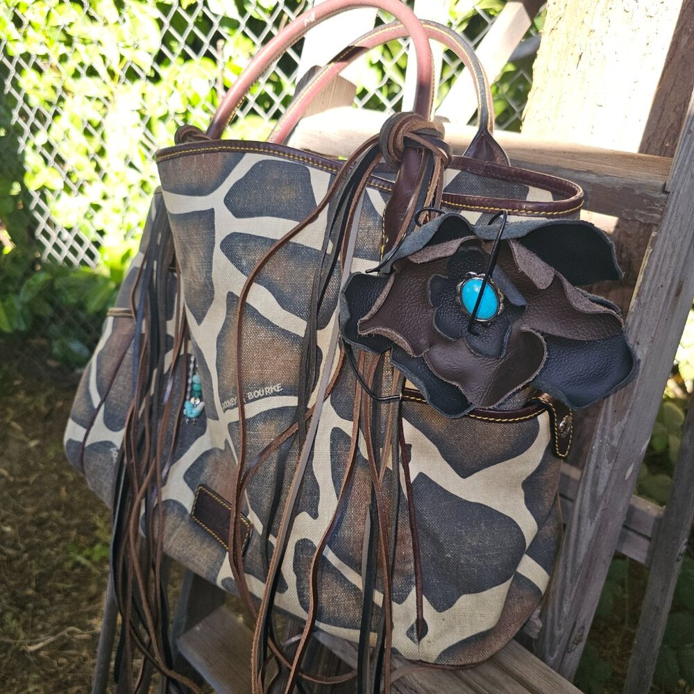 Dooney and Bourke upcycled purse tote giraffe print canvas bag, leather details